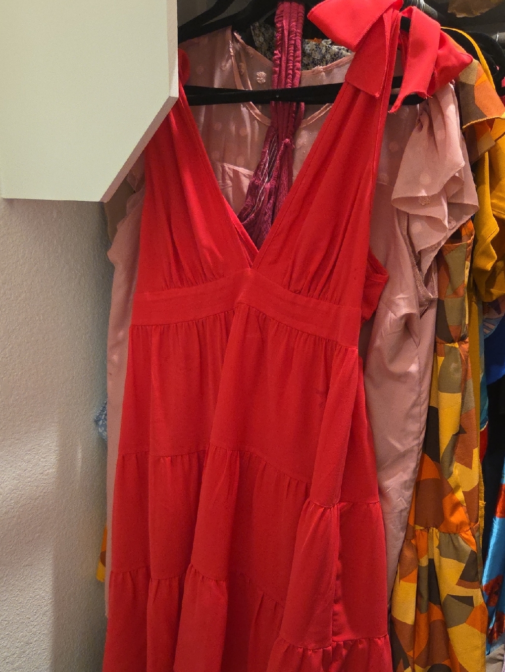 Vibrant Red Tiered V-Neck Sundress